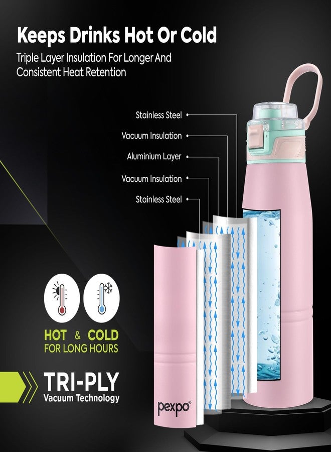 Pexpo Atlas 800 ISI Certified Stainless Steel Vacuum Insulated Flask - 740ml | Double Wall | Flip Top Cap | Hot & Cold Water Bottle for Adults | Ideal for Home, Office, Gym, Outdoor - Baby Pink - Image 3